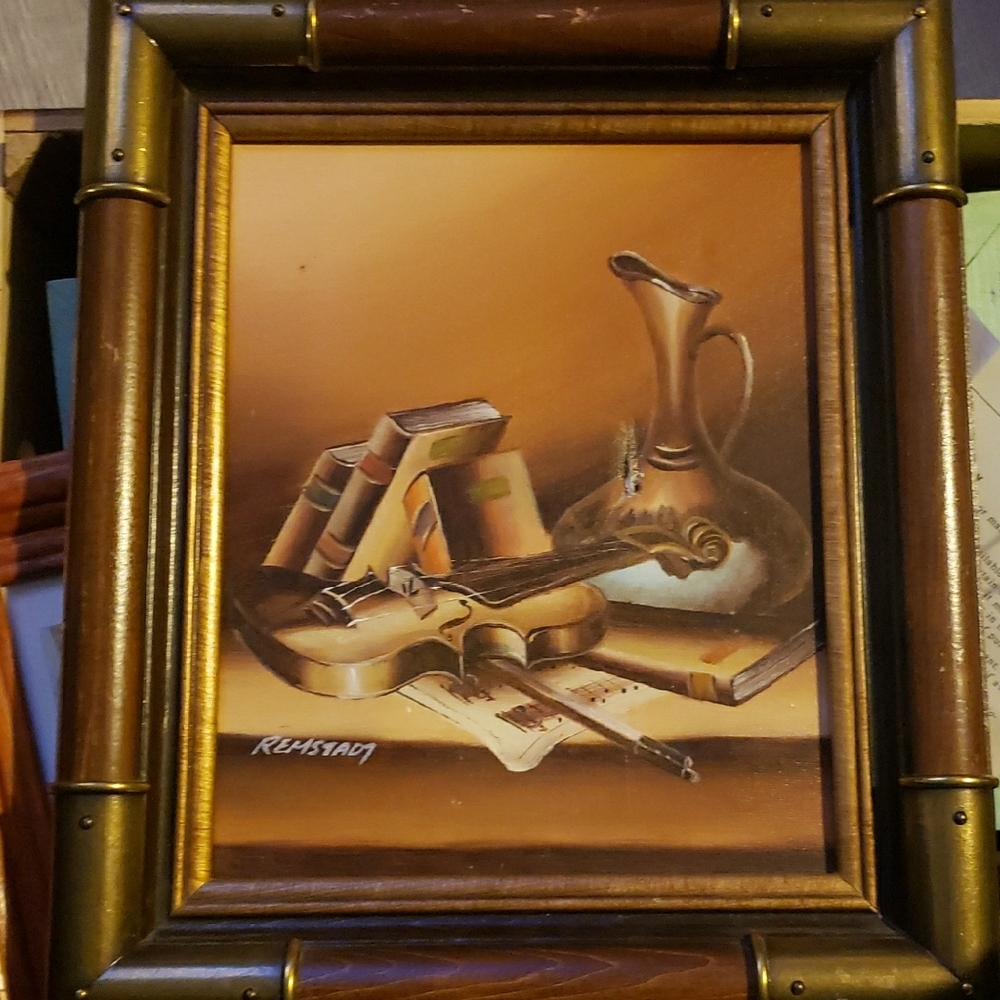 Remstadt Vintage Still Life Painting with Violin and Books